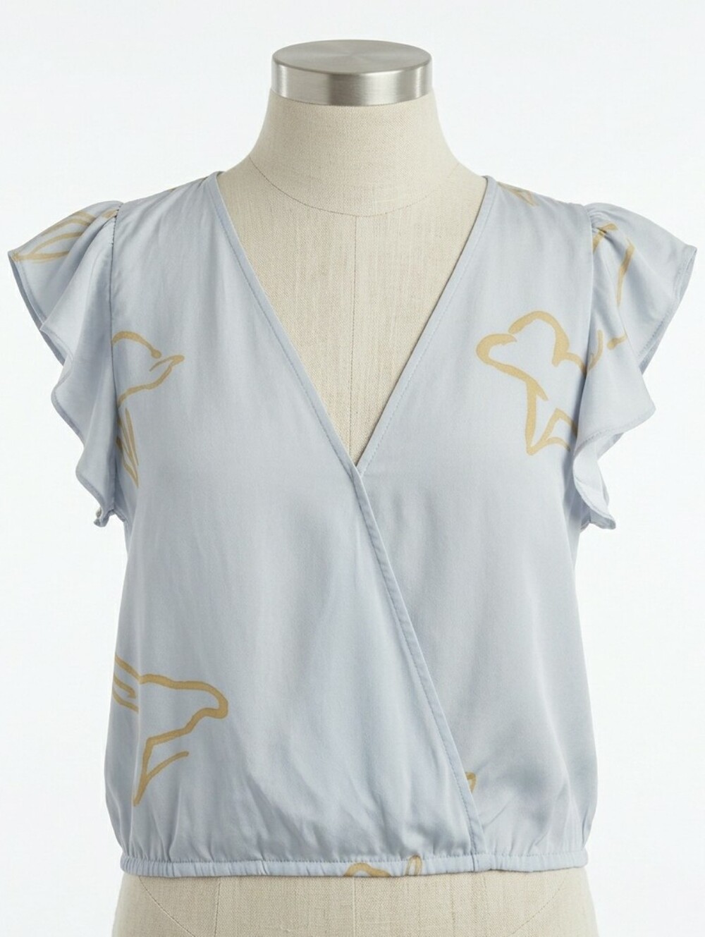 Grade & Gather Anthropologie Silky Ruffle Wrap Blouse | Gray & Gold Floral Small